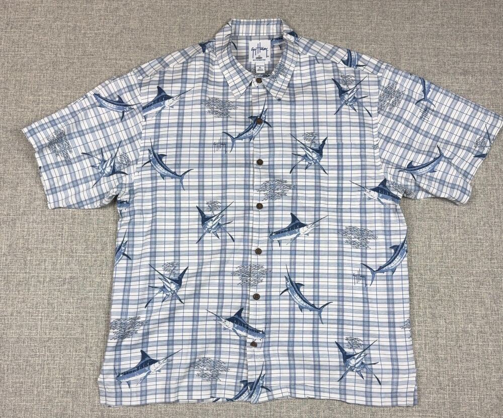 Guy Harvey AFTCO Bluewater Shirt Mens XL Marlin Plaid Fishing Button Up